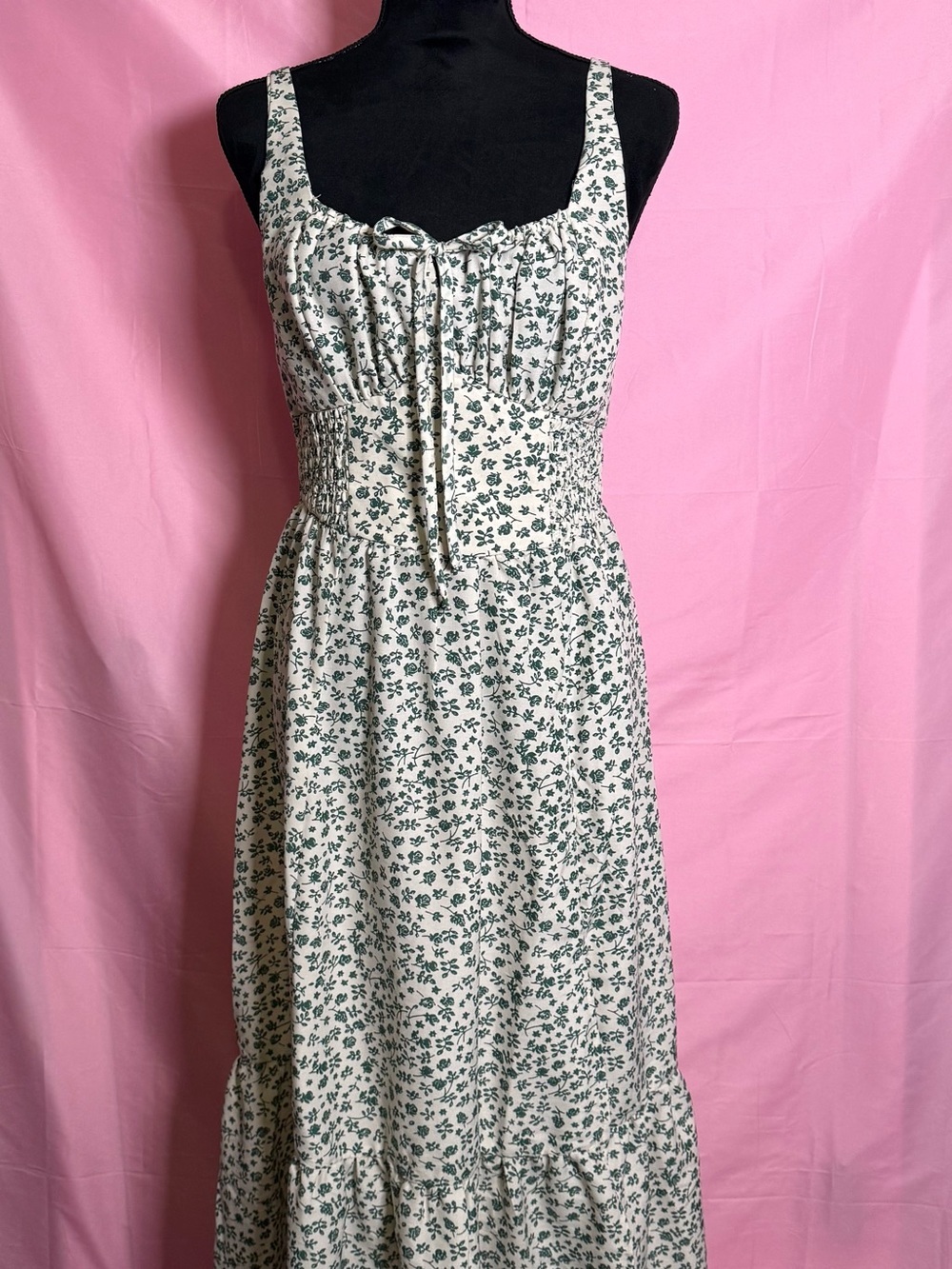 Blush Cream Maxi Dress with Green Floral Print and Tie Front